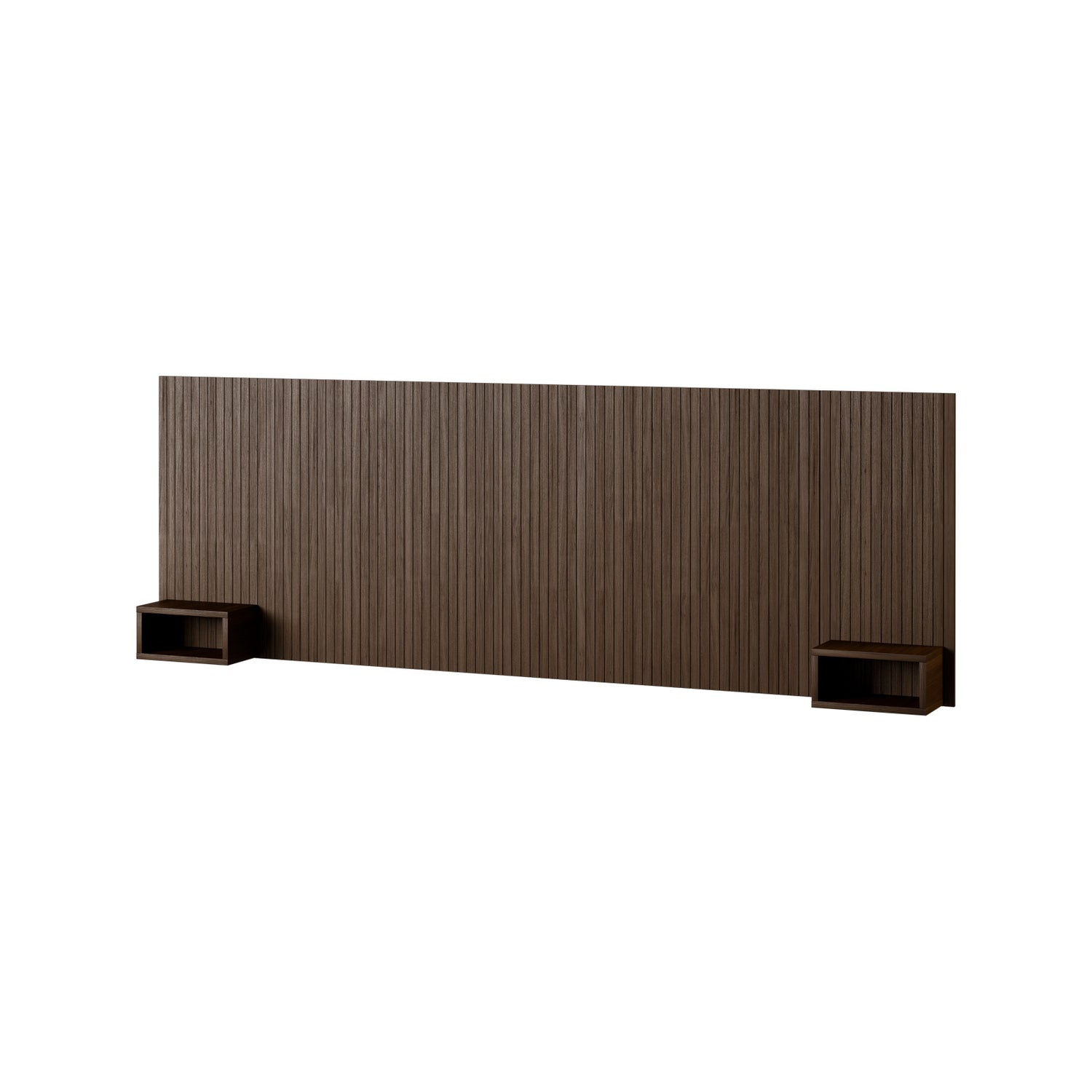 Kaksi tummanruskeaa Hilding -yöpöytämoduulia kiinnitettynä erikseen myytävään Hilding -paneelipäätyyn. Integroidut, erillisinä myytävät yöpöytämoduulit ovat kätevä lisä sängynpäätyyn.