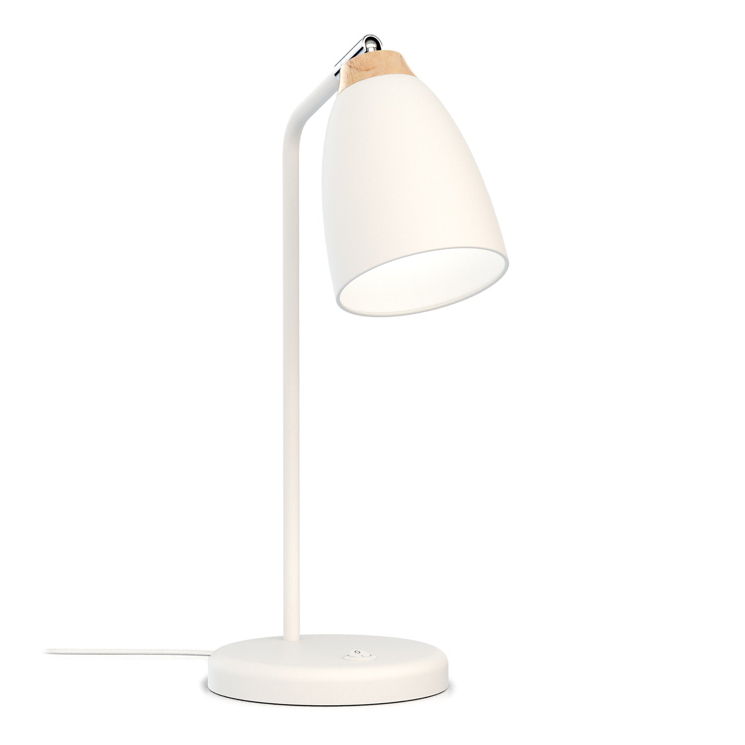 Valkoinen Houston-pöytävalaisin. Valaisimessa on suunnattava kupu ja kaunis puinen yksityiskohta.