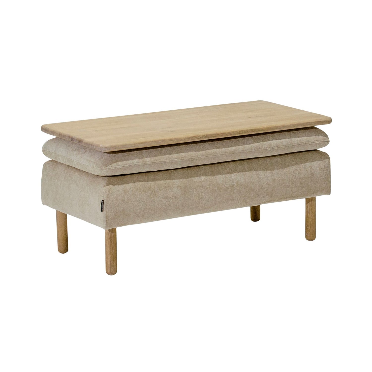 Kuvassa Idyll-rahin päällä on luonnonvärinen tamminen puukansi koossa 96 x 49 cm. Samankokoinen alla oleva Idyll-moduulisohvan rahi on myytävänä erikseen. Kuvan rahi on verhoiltu beigellä Capri 02 -kankaalla ja siinä on luonnonväriset öljytyt tammijalat.