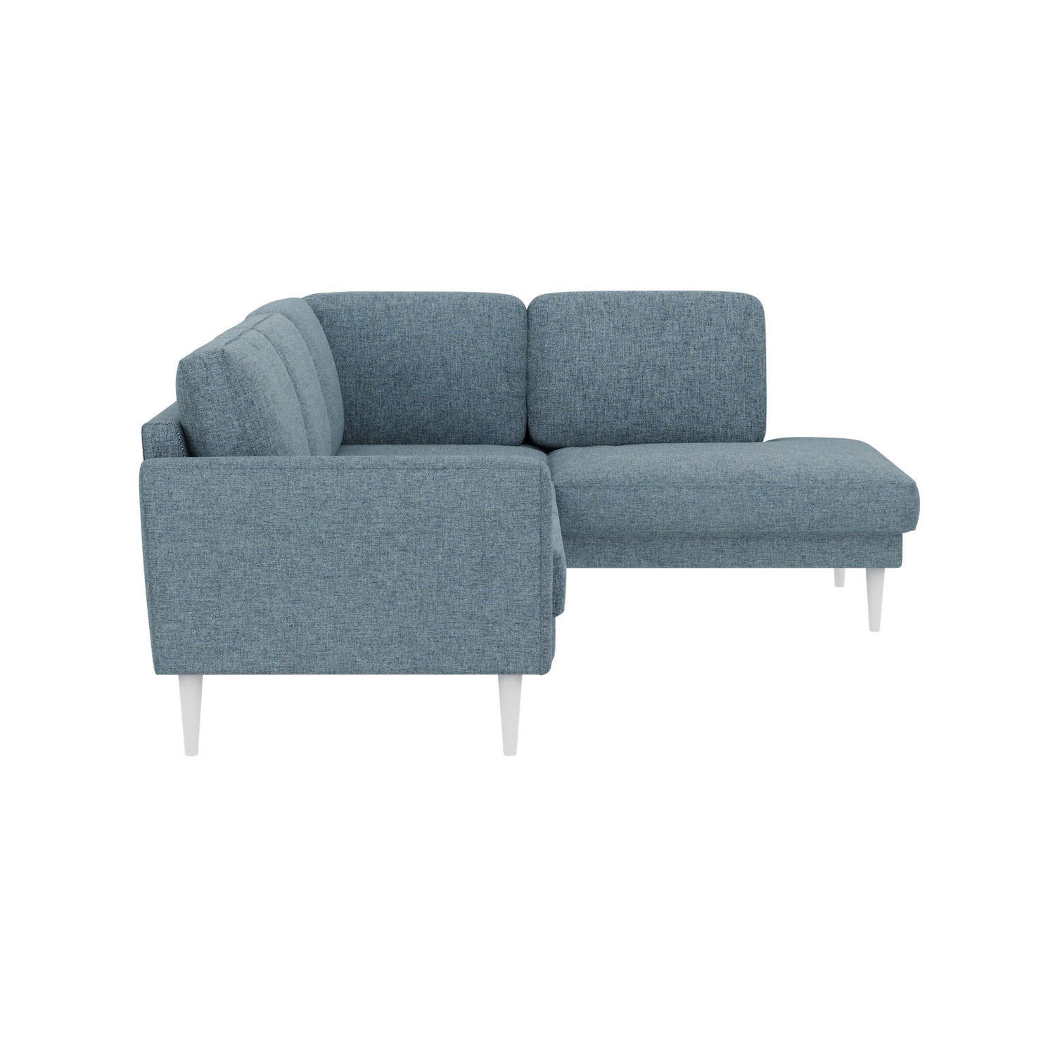 Ilona -kulmadivaanisohva turkoosilla AC Laviano 401 -kankaalla ja 18 cm korkeilla valkoisilla pyöreäkartio-jaloilla. Kuvan sohvassa on 10 cm leveä KN10-käsinoja.