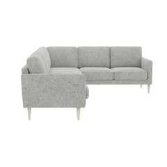 Ilona-kulmasohva mustavalkoisella Otaru 612 -kankaalla. Kuvan sohvassa on 10 cm leveät KN10 -käsinojat, K90-kulmapala ja 18 cm korkeat luonnonväriset pyöreäkartiojalat.
