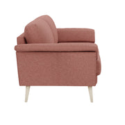 Ilona 2 - 3 istuttava sohva roosan värisellä AC Otaru 324 -kankaalla ja luonnonvärisillä 18 cm korkeilla vinoilla pyöreäkartiojaloilla.  Kuvan sohvassa on 17 cm leveät KNT-käsinojat.