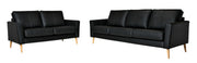 Kuvassa on 2- ja 3 hengen sohvat mustalla Leonardo 5201 -nahkaverhoilulla. Kuvan sohvissa on 15 cm leveät M15-käsinojat ja 18 cm korkeat vinot puiset kartiojalat. 3 hengen Ilona-moduulisohva myydään erikseen.