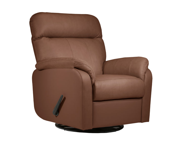 Isabella-mekanismituoli konjakin ruskealla Merone 3017 -nahkaverhoilulla. Recliner-tuolissa on kahvakäyttöinen kääntömekanismi.