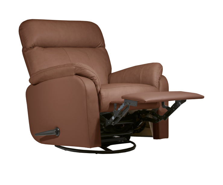 Isabella-mekanismituoli konjakin ruskealla Merone 3017 -nahkaverhoilulla. Recliner-tuolissa on kahvakäyttöinen kääntömekanismi, jolla jalkarahi nousee ylös ja selkänoja kääntyy taaksepäin.