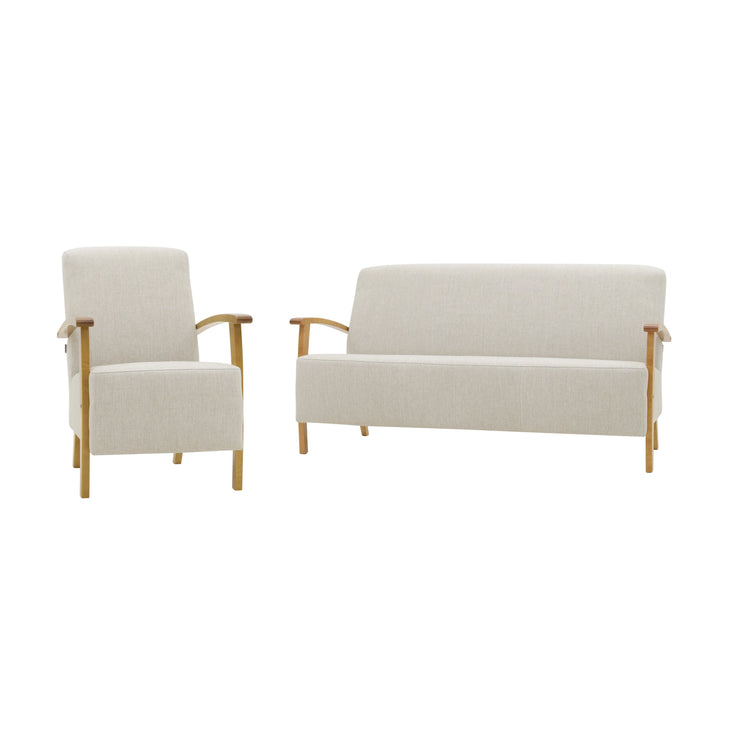 Kuvassa on Isla-nojatuoli ja erikseen myytävä 3-istuttava sohva. Verhoiluna molemmissa sohvakalusteissa on beigen värinen Laviano 100 -kangas ja puuosat ovat luonnonväriset.