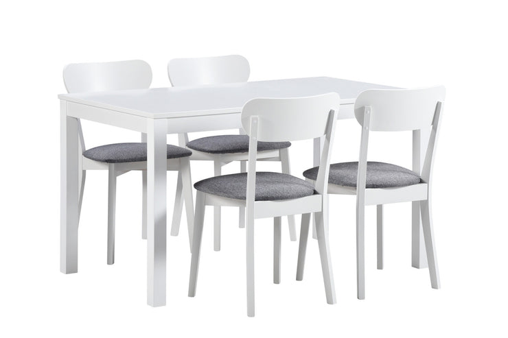 Valkoinen Kaisla-pöytä 130 cm ja Laine-tuolit harmaalla istuinverhoilulla.