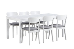 Valkoinen Kaisla-pöytä ja Laine-tuolit harmaalla istuinverhoilulla.