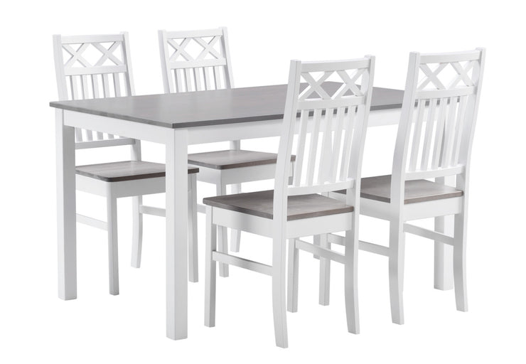 Valkoinen/harmaa Metro-tuolit yhdistettynä 4 hengen Kaisla-pöydän kanssa.