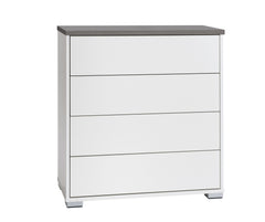 Kuvassa on 80 cm leveä valkoinen Kivi-lipasto, jonka kansi on väriltään antrasiitti ja muovijalat ovat hopeanväriset.