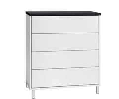 Kuvassa on 80 cm leveä valkoinen Kivi-lipasto mustalla kannella ja valkoisilla metallijaloilla.