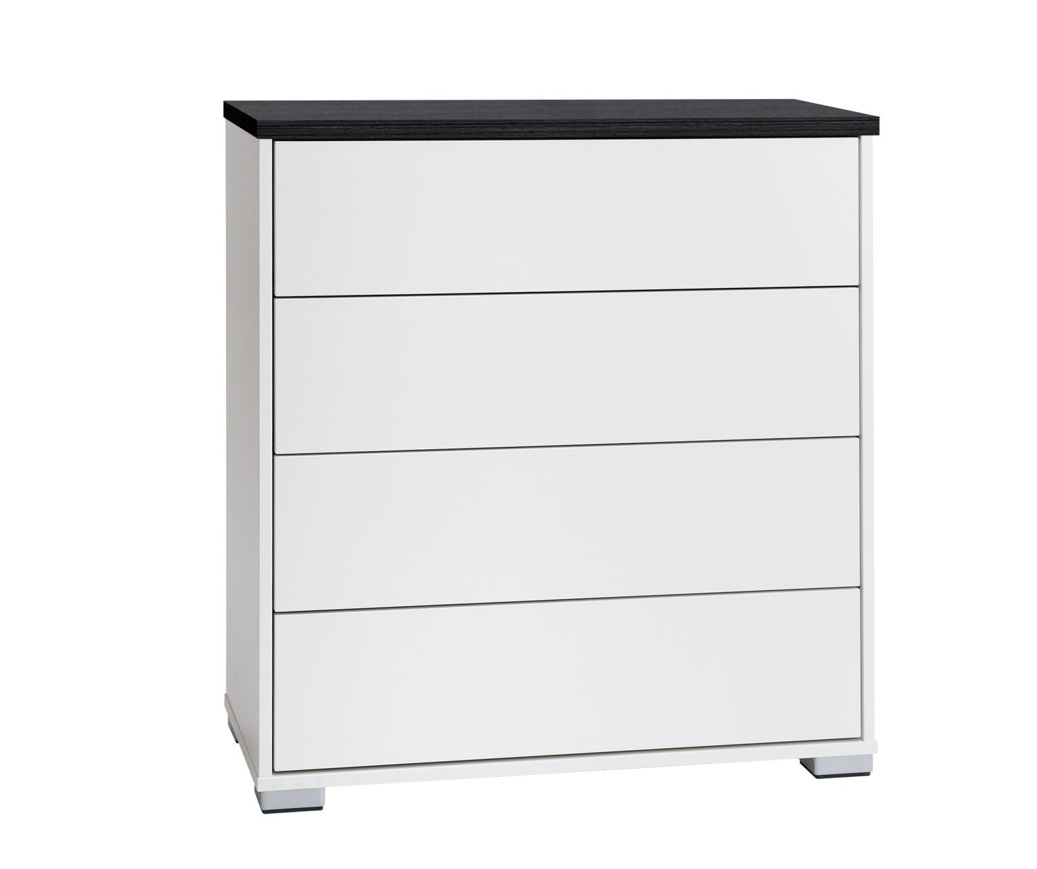 Kuvassa on 80 cm leveä valkoinen Kivi-lipasto mustalla kannella ja hopeanvärisillä muovijaloilla.