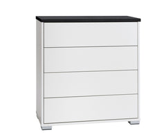 Kuvassa on 80 cm leveä valkoinen Kivi-lipasto mustalla kannella ja hopeanvärisillä muovijaloilla.