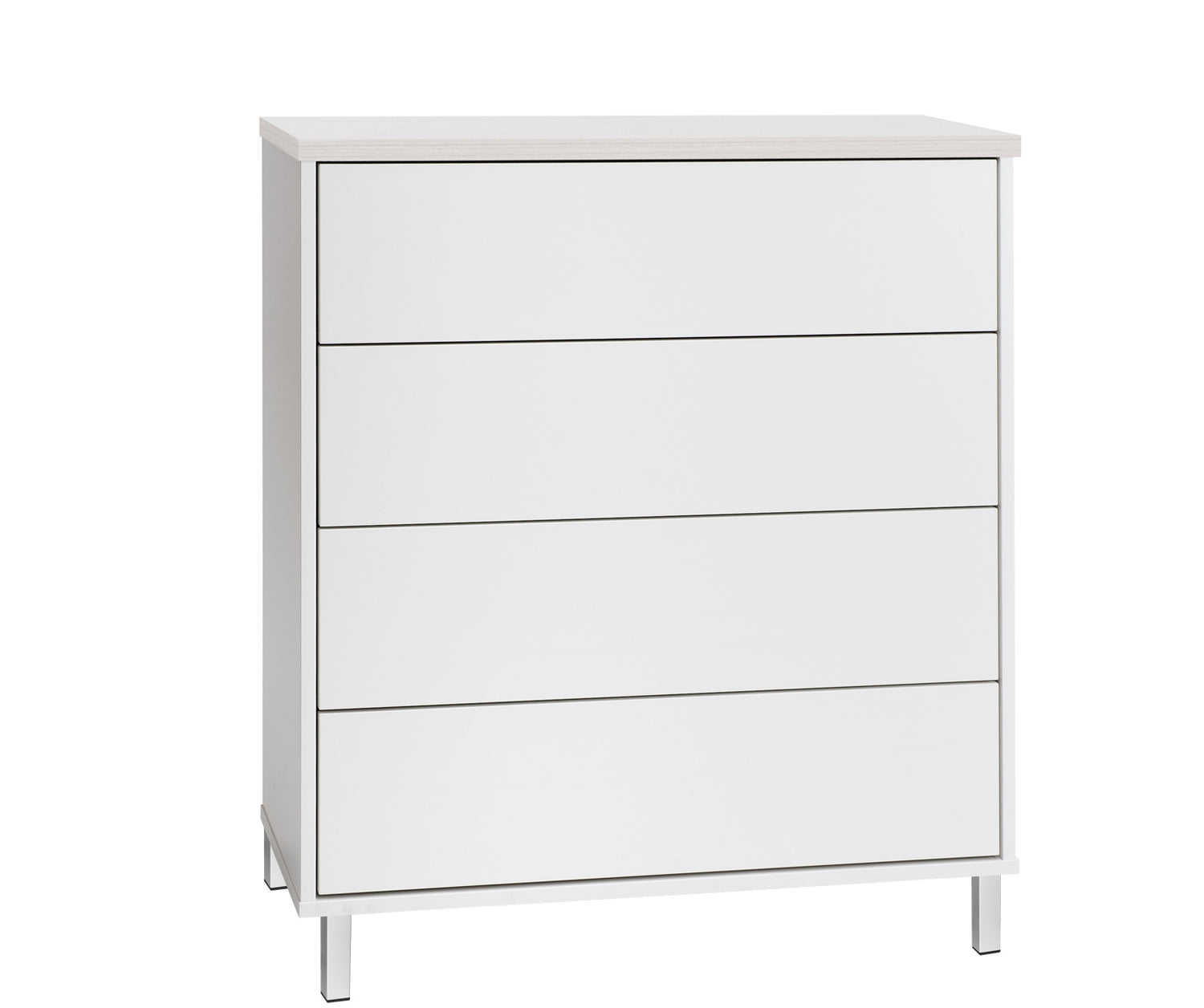 Kuvassa on 80 cm leveä valkoinen Kivi-lipasto, jonka kansi on väriltään valkosaarni ja metallijalat ovat valkoiset.