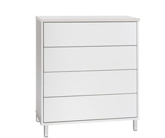 Kuvassa on 80 cm leveä valkoinen Kivi-lipasto, jonka kansi on väriltään valkosaarni ja metallijalat ovat valkoiset.