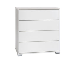 Kuvassa on 80 cm leveä valkoinen Kivi-lipasto, jonka kansi on väriltään valkosaarni ja muovijalat ovat hopeanväriset.