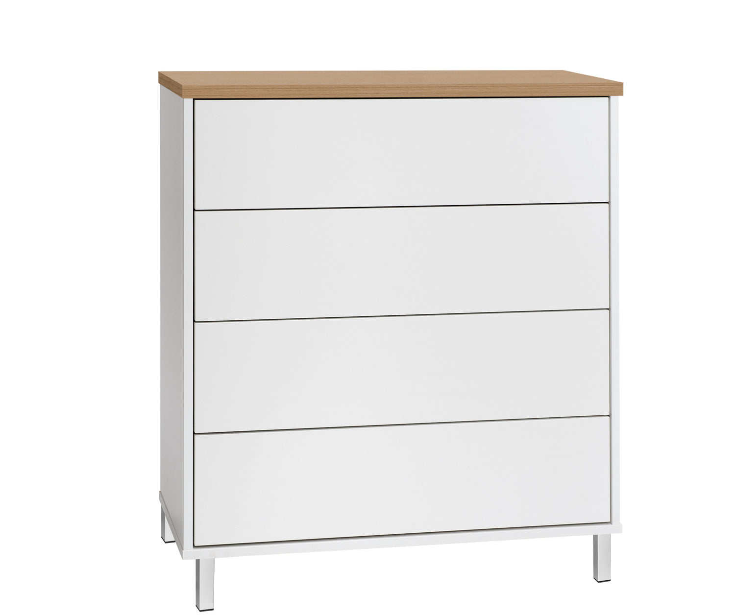 Kuvassa on 80 cm leveä valkoinen Kivi-lipasto tammenvärisellä kannella ja valkoisilla metallijaloilla.