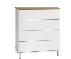 Kuvassa on 80 cm leveä valkoinen Kivi-lipasto tammenvärisellä kannella ja valkoisilla metallijaloilla.