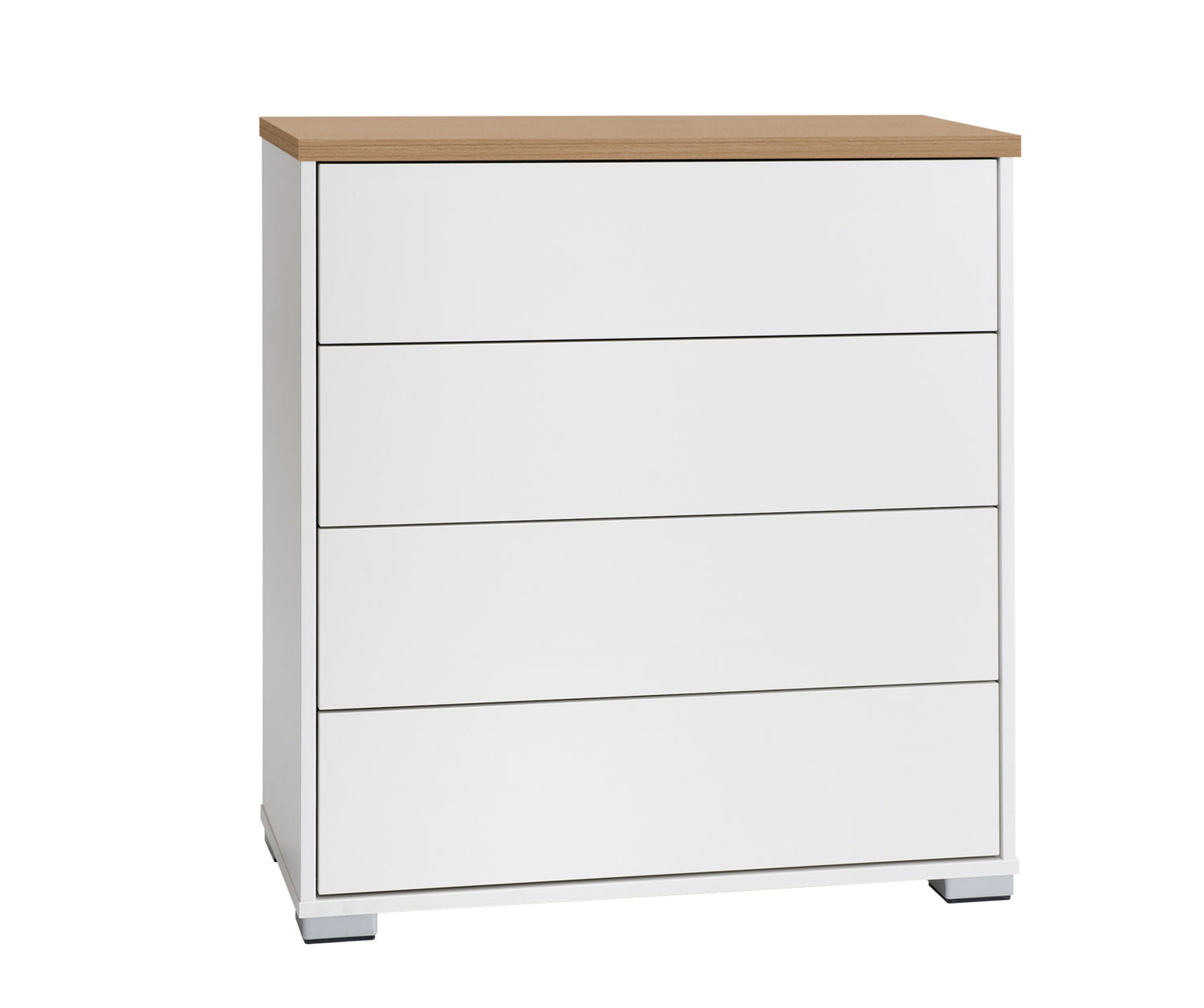 Kuvassa on 80 cm leveä valkoinen Kivi-lipasto tammenvärisellä kannella ja hopeanvärisillä muovijaloilla.