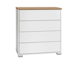 Kuvassa on 80 cm leveä valkoinen Kivi-lipasto tammenvärisellä kannella ja hopeanvärisillä muovijaloilla.