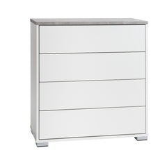 Kuvassa on 80 cm leveä valkoinen Kivi-lipasto harmaalla betonijäljitelmän sävyisellä kannella ja hopeanvärisillä muovijaloilla.