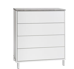 Kuvassa on 80 cm leveä valkoinen Kivi-lipasto harmaalla betonijäljitelmän sävyisellä kannella ja valkoisilla metallijaloilla.