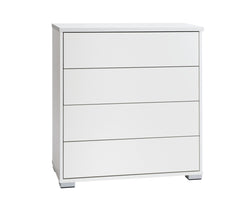 Kuvassa on 80 cm leveä kokovalkoinen Kivi-lipasto hopeanvärisillä muovijaloilla.