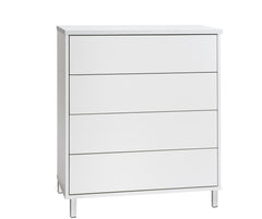 Kuvassa on 80 cm leveä kokovalkoinen Kivi-lipasto valkoisilla metallijaloilla.