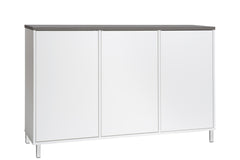 Kuvassa on 144 cm leveä valkoinen Kivi-senkki, jonka kansi on väriltään antrasiitti ja metallijalat ovat valkoiset.