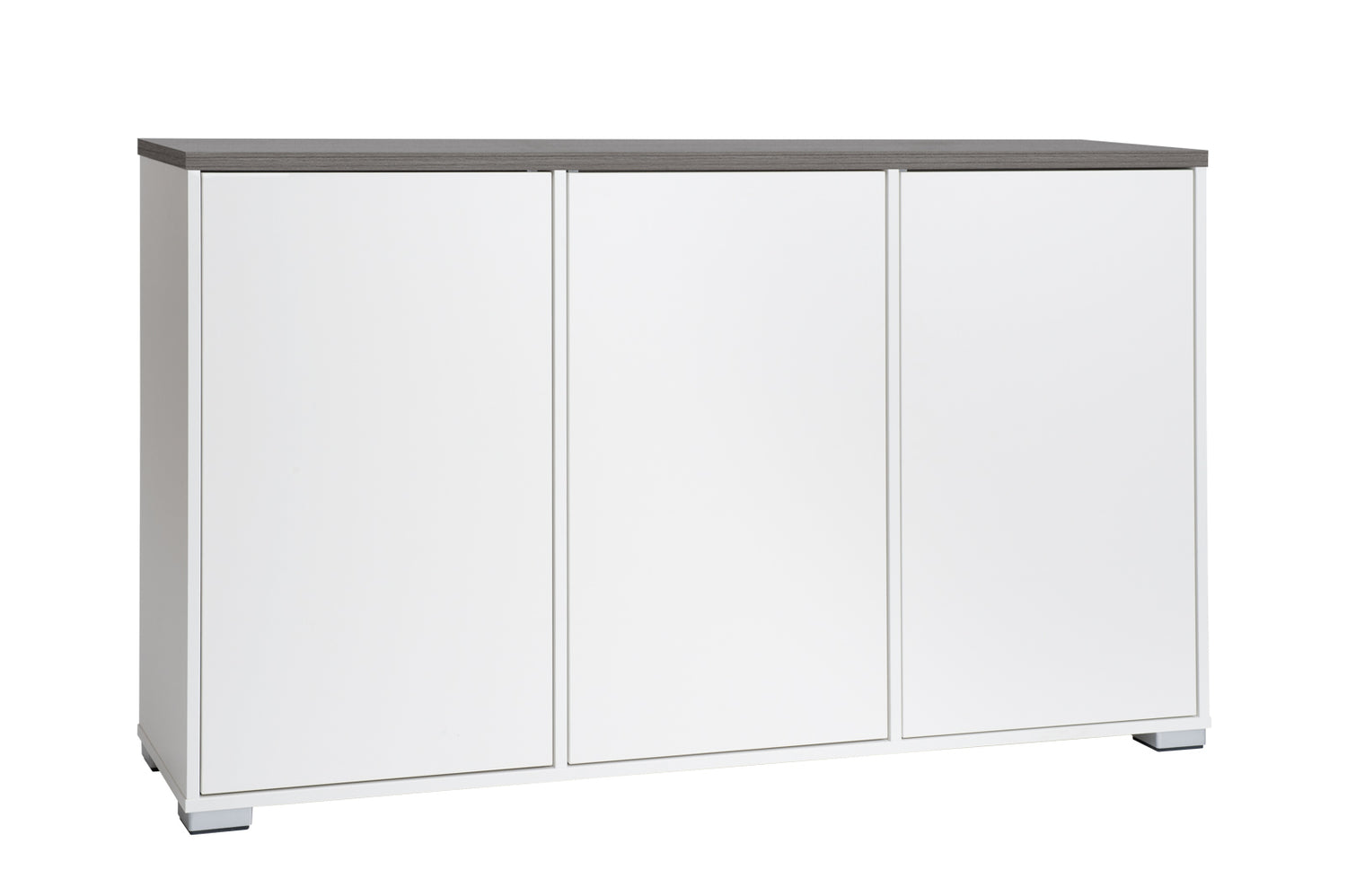 Kuvassa on 144 cm leveä valkoinen Kivi-senkki, jonka kansi on väriltään antrasiitti ja muovijalat ovat hopeanväriset.