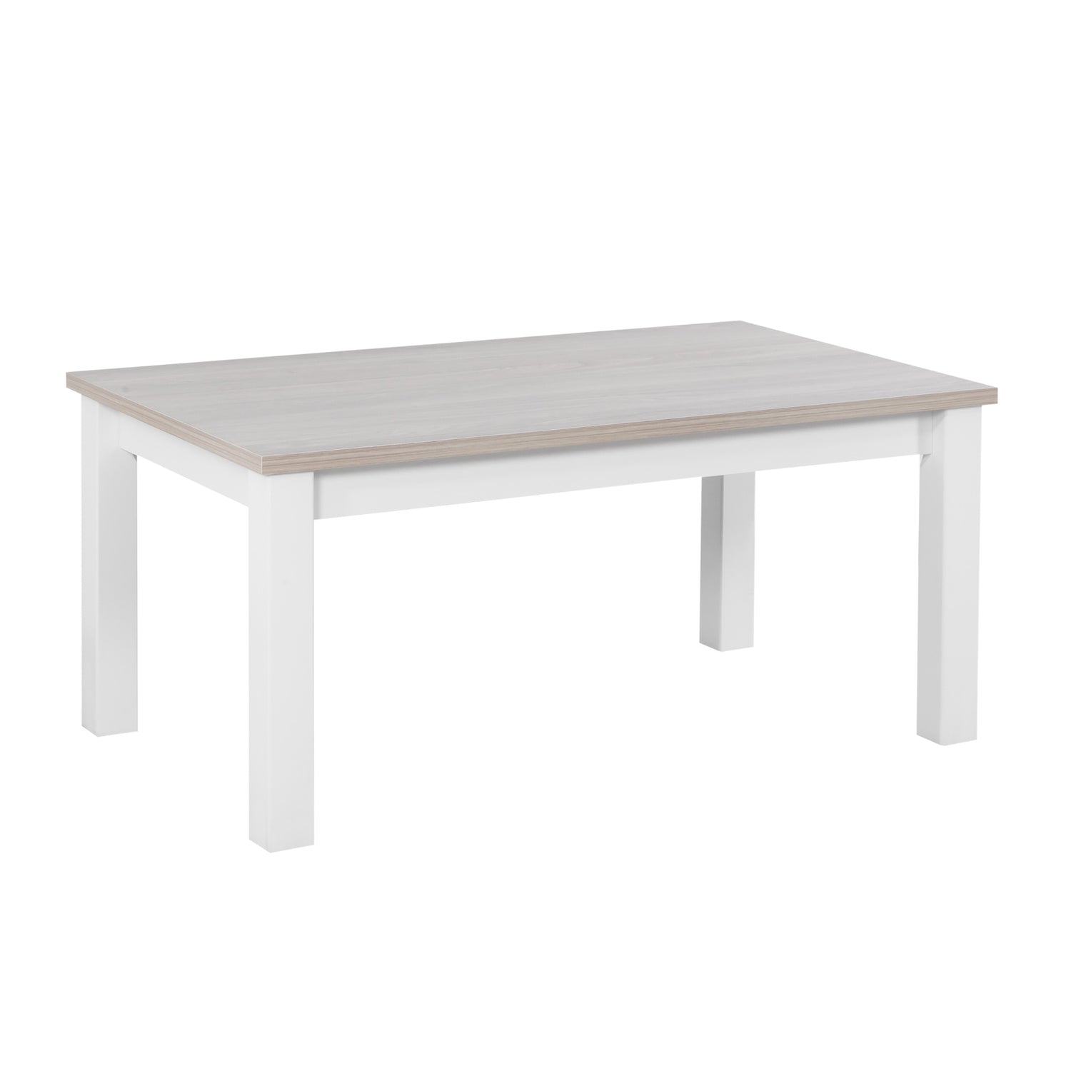 Valkoinen Kivi-sohvapöytä valkosaarnin värisellä kansilevyllä.