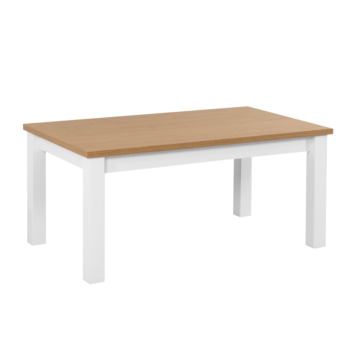 Valkoinen Kivi-sohvapöytä tammen värisellä kansilevyllä.