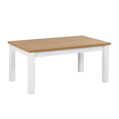 Valkoinen Kivi-sohvapöytä tammen värisellä kansilevyllä.