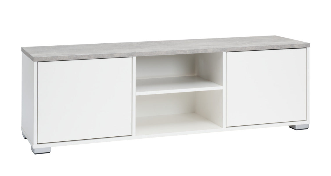 Kuvassa on 144 cm leveä valkoinen Kivi-sarjan tv-taso harmaalla betonijäljitelmän sävyisellä kannella ja hopeanvärisillä muovijaloilla.