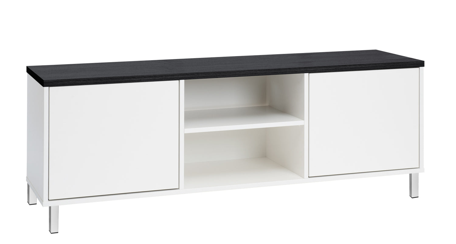 Kuvassa on 144 cm leveä valkoinen Kivi-sarjan tv-taso mustalla kannella ja valkoisilla metallijaloilla.