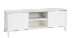 Kuvassa on 144 cm leveä valkoinen Kivi-sarjan tv-taso, jonka kannen väri on valkosaarni ja metallijalat ovat valkoiset.