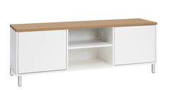 Kuvassa on 144 cm leveä valkoinen Kivi-sarjan tv-taso tammenvärisellä kannella ja valkoisilla metallijaloilla.