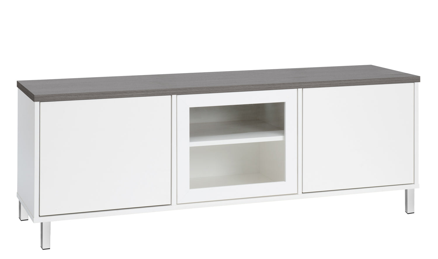 Kuvassa on 144 cm leveä valkoinen Kivi-sarjan tv-taso, jonka kannen väri on antrasiitti ja metallijalat ovat valkoiset.