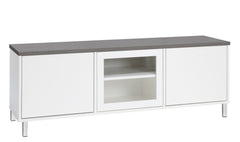 Kuvassa on 144 cm leveä valkoinen Kivi-sarjan tv-taso, jonka kannen väri on antrasiitti ja metallijalat ovat valkoiset.