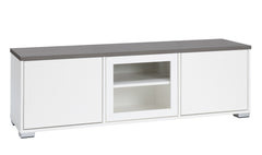 Kuvassa on 144 cm leveä valkoinen Kivi-sarjan tv-taso, jonka kannen väri on antrasiitti ja muovijalat ovat hopeanväriset.