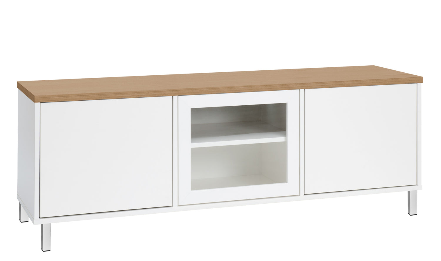 Kuvassa on 144 cm leveä valkoinen Kivi-sarjan tv-taso tammenvärisellä kannella ja valkoisilla metallijaloilla.