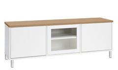 Kuvassa on 144 cm leveä valkoinen Kivi-sarjan tv-taso tammenvärisellä kannella ja valkoisilla metallijaloilla.