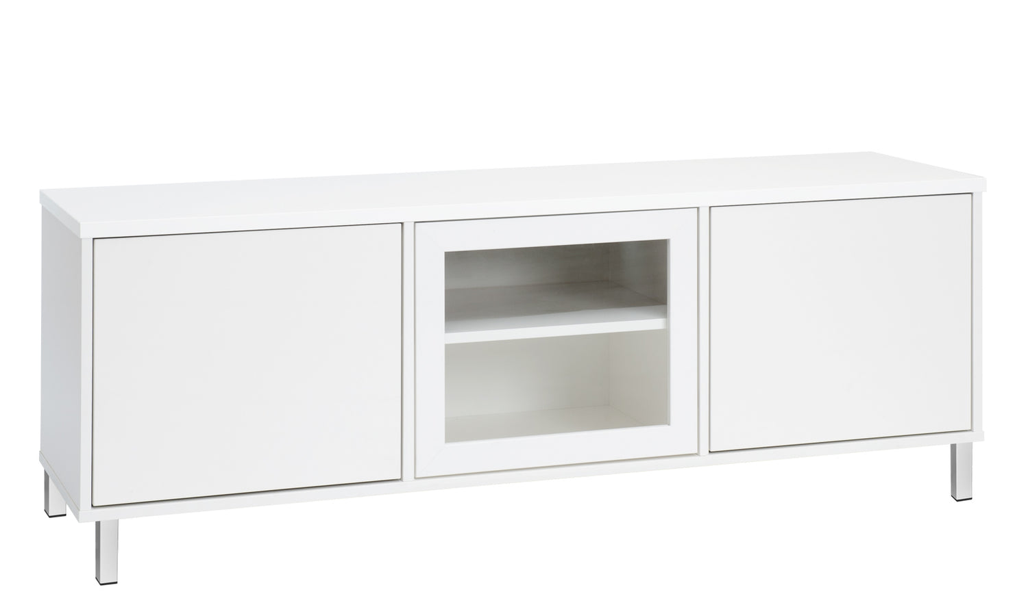 Kuvassa on 144 cm leveä kokovalkoinen Kivi-sarjan tv-taso valkoisilla metallijaloilla.