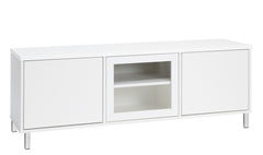 Kuvassa on 144 cm leveä kokovalkoinen Kivi-sarjan tv-taso valkoisilla metallijaloilla.