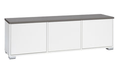 Kuvassa on 144 cm leveä valkoinen Kivi-sarjan tv-taso, jonka kannen väri on antrasiitti ja muovijalat ovat hopeanväriset.