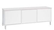 Kuvassa on 144 cm leveä valkoinen Kivi-sarjan tv-taso, jonka kannen väri on valkosaarni ja metallijalat ovat valkoiset.