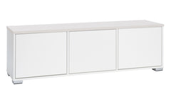 Kuvassa on 144 cm leveä valkoinen Kivi-sarjan tv-taso, jonka kannen väri on valkosaarni ja muovijalat ovat hopeanväriset.