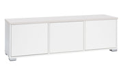 Kuvassa on 144 cm leveä valkoinen Kivi-sarjan tv-taso, jonka kannen väri on valkosaarni ja muovijalat ovat hopeanväriset.