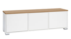 Kuvassa on 144 cm leveä valkoinen Kivi-sarjan tv-taso tammenvärisellä kannella ja hopeanvärisillä muovijaloilla.