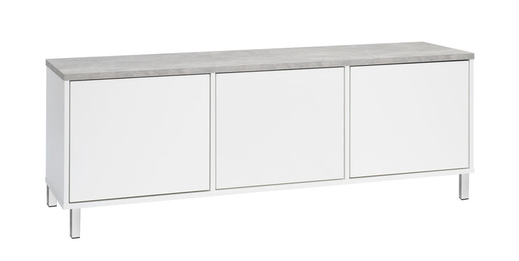 Kuvassa on 144 cm leveä valkoinen Kivi-sarjan tv-taso harmaalla betonijäljitelmän sävyisellä kannella ja valkoisilla metallijaloilla.